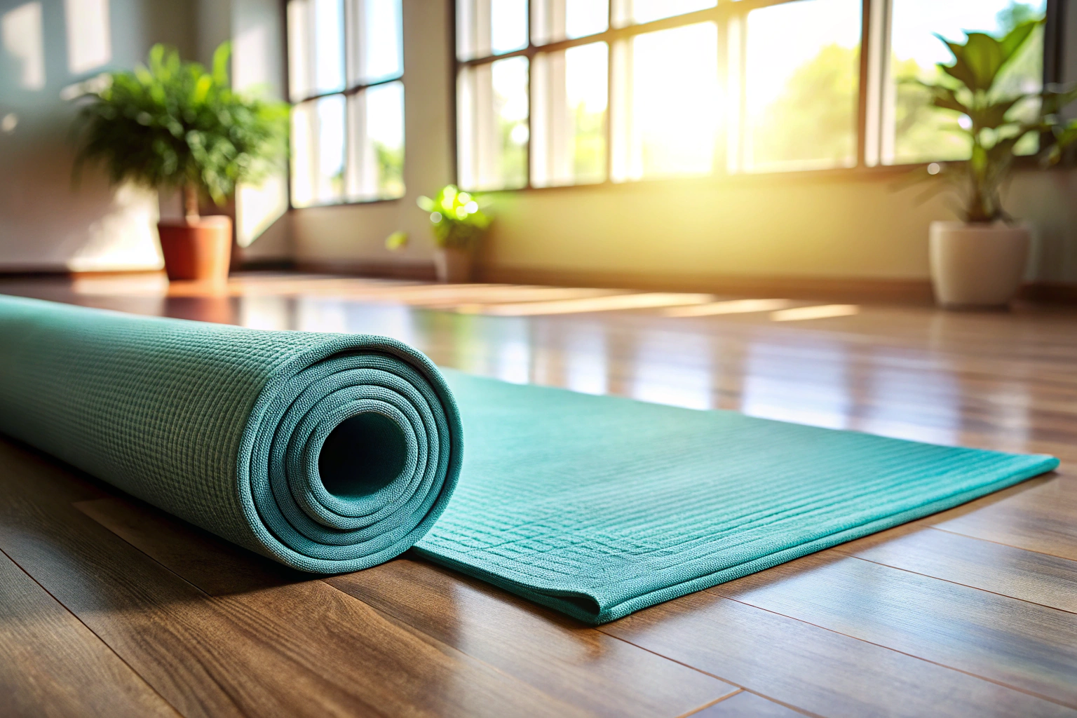 A yoga mat placed on a clean floor with natural light, showing its texture and non-slip surface