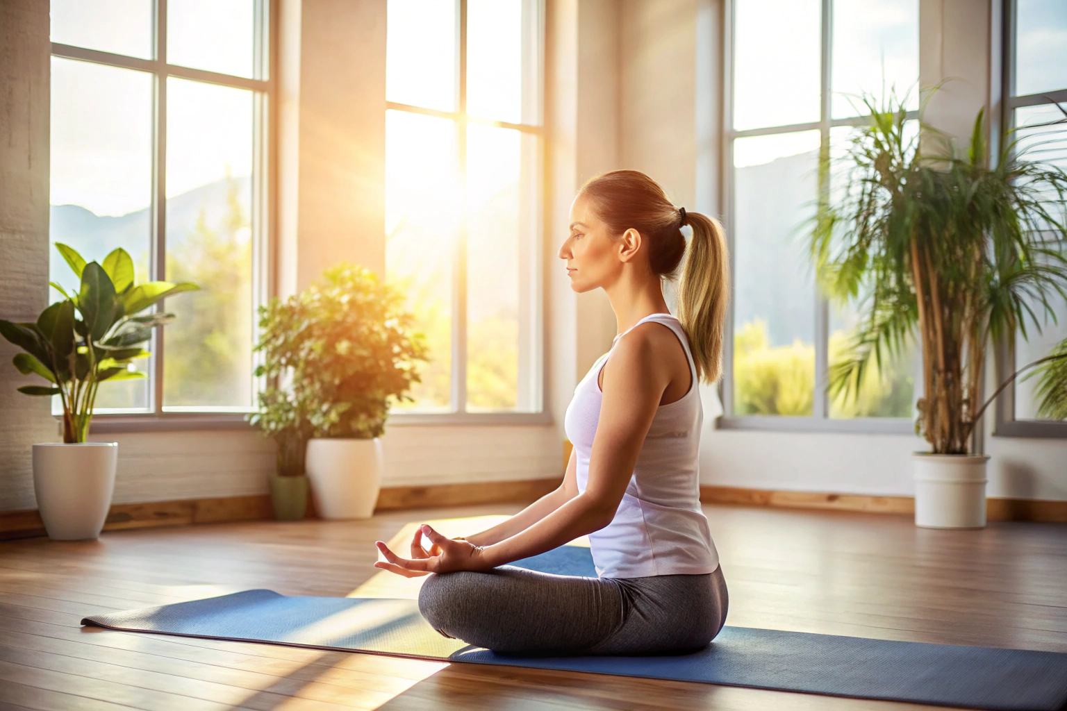 Egy személy jógamatracon ülve meditál, nyugodt környezetben, természetes fényben, semmilyen szöveg vagy jelkép nélkül