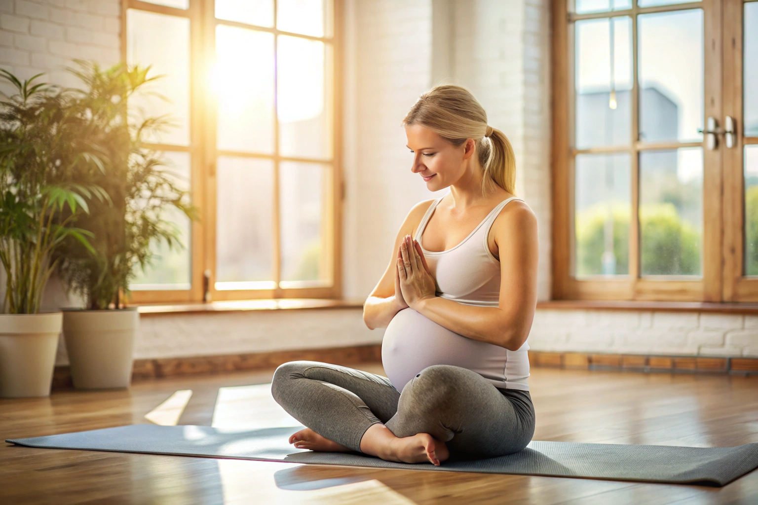 A pregnant woman in a comfortable yoga pose, sitting on a mat with hands resting on her belly, in a tranquil indoor setting with soft natural light, no text or logos visible