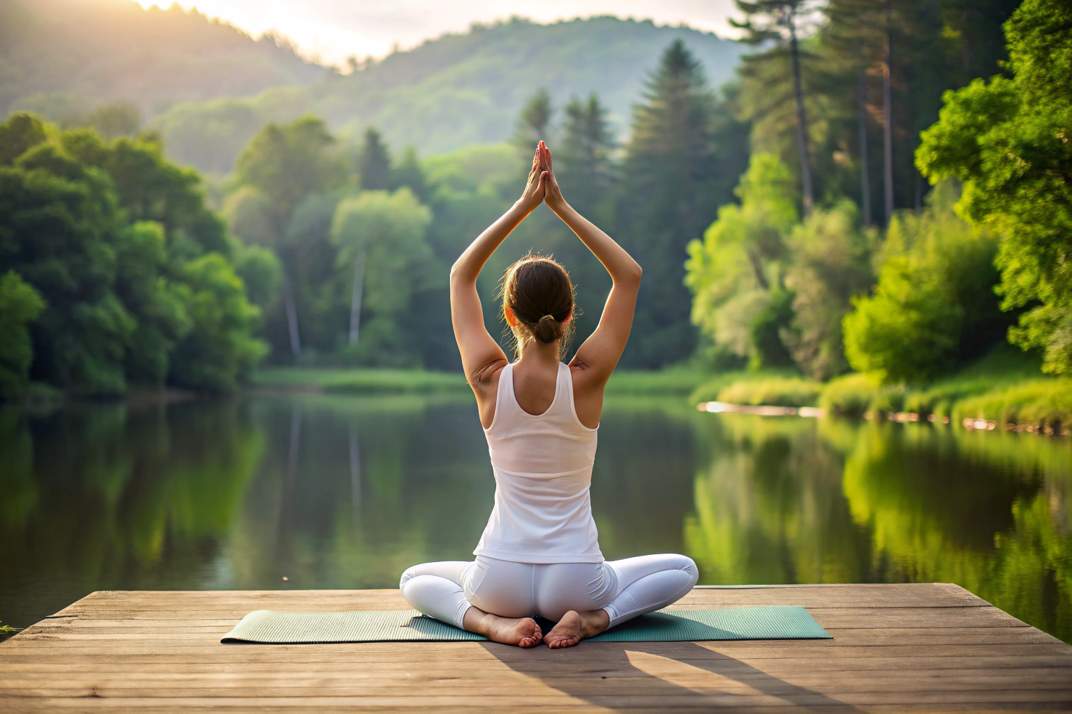 A person performing a simple yoga pose in a peaceful setting, with no text or branding visible